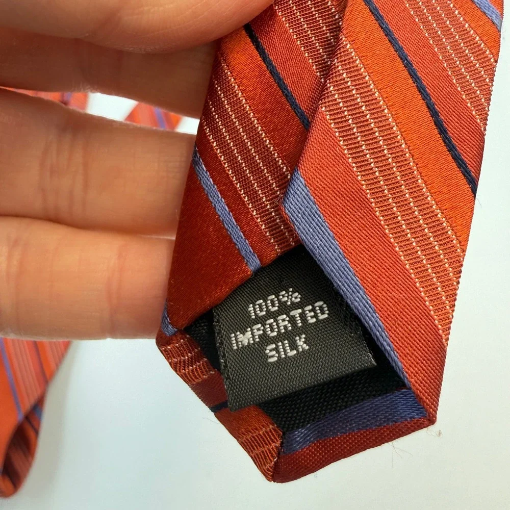 VTG Perry Ellis Portfolio Silk Tie Burnt Orange Blue Stripe WPL 2831 Made in USA